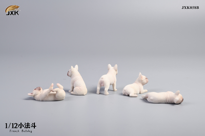 Французские бульдоги, набор из 5 фигурок (белые) - Коллекционная ФИГУРКА 1/12 scale Miniature French bulldog (JXK058B) - JXK