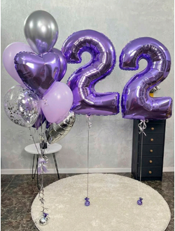 Шары-цифры 22 сиреневые и фонтан из 8 шаров
