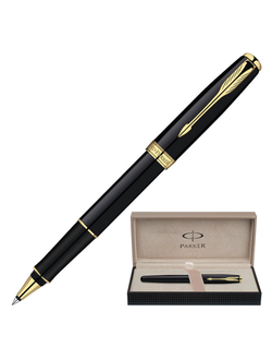 Ручка-роллер подарочная PARKER "Sonnet Black Lacquer GT", черный лак, позолоченные детали, черная, S0808720