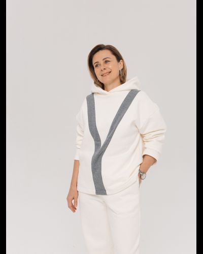 Худи из велюрового футера с декоративной вставкой (белоснежный)