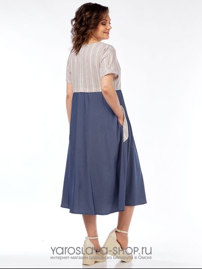 Летнее платье голубого цвета хлопковый верх в полоску