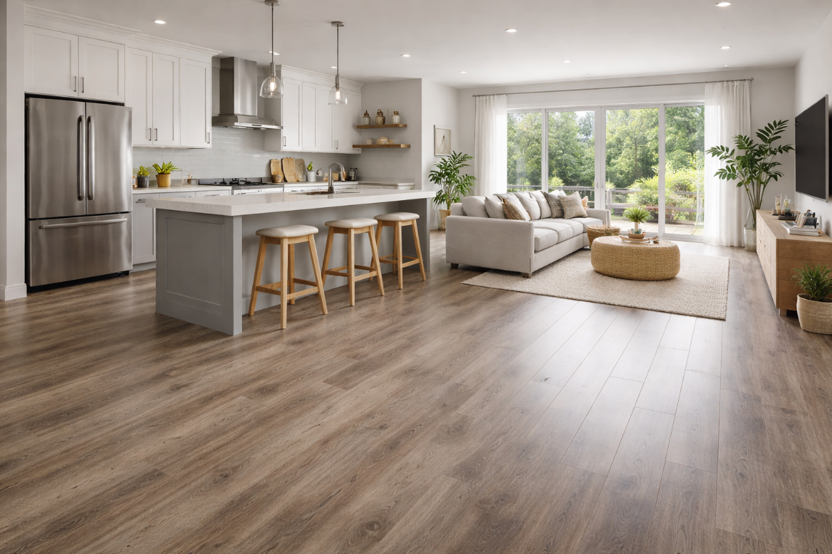 Кухня-гостиная с водостойким ламинатом, единое пространство