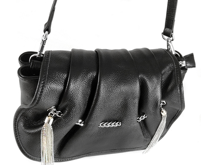 (АРТИКУЛ: 8475) СУМКА ЖЕНСКАЯ НЕБОЛЬШАЯ, НАТУРАЛЬНАЯ КОЖА,ЧЕРНАЯ, С ПОДВЕСКАМИ ИЗ МЕТАЛЛИЧЕСКИХ БУСИН И СРТАЗ, РЕМЕНЬ ЧЕРЕЗ ПЛЕЧО