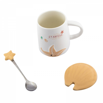 Кружка с ложкой и крышкой Морская звезда 370 мл, Цвет: Голубой/Бежевый