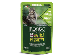 Влажный корм Monge Cat BWild GRAIN FREE для стерилизованных кошек, беззерновой, из мяса дикого кабана с овощами, паучи 85 г