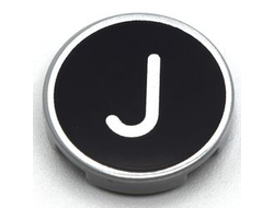 Tile, Round 2 x 2 with Bottom Stud Holder with Silver Capital Letter J on Black Background Pattern, Light Bluish Gray (14769pb431 / 6352992)