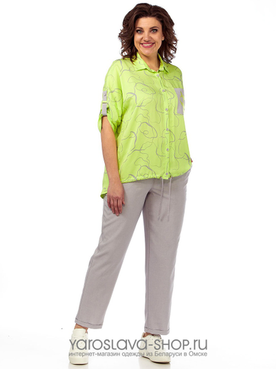 Брючный комплект 2-ка из хлопка серого цвета блуза с абстрактным принтом