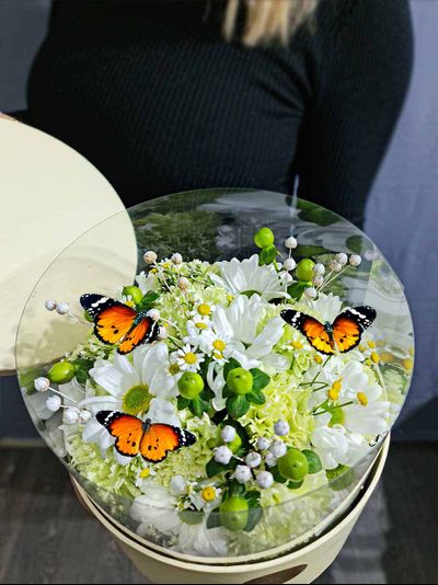 Композиция в фисташковом цвете и 3 бабочки. №70