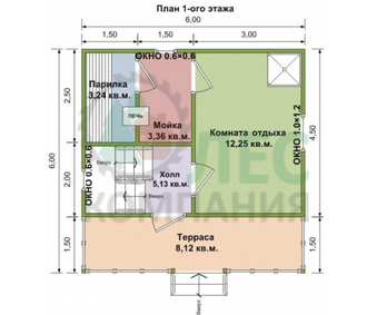 Полутораэтажный дом из бруса 6x6 с террасой