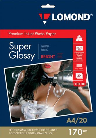 Суперглянцевая ярко-белая (Super Glossy Bright) микропористая фотобумага Lomond для струйной печати, A4, 170 г/м2, 20 листов.