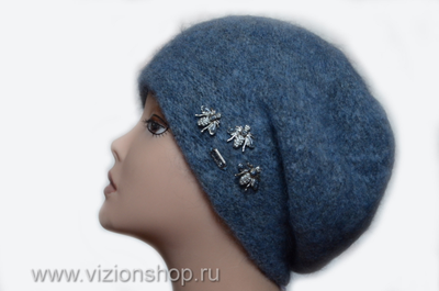 Голубой женский берет из мохера с пчелкой Vizio Италия 36187