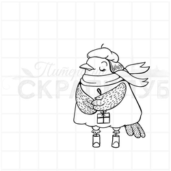 Штамп птица в шапочке и шарфе