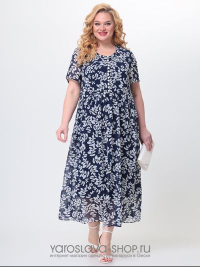 Модель: А-3883. Платье нарядное из шифона с лиственным принтом на синем.