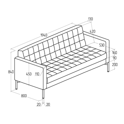 Диван Everprof Delta трехместный Металл Черный Экокожа Черный