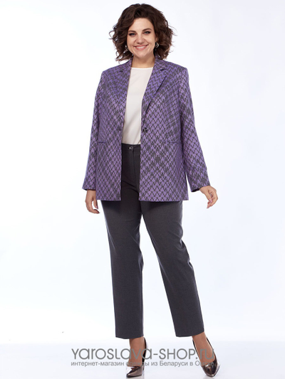 Двухпредметный брючный комплект с жакетом в клетку фиолетового цвета