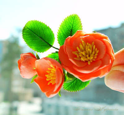 Веточка розового шиповника. Цветы из полимерной глины.