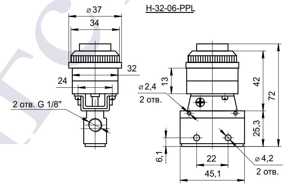 Габаритные и присоединительные размеры 3/2 пневмораспределителя  H-32-06-PPL (MOV-04)