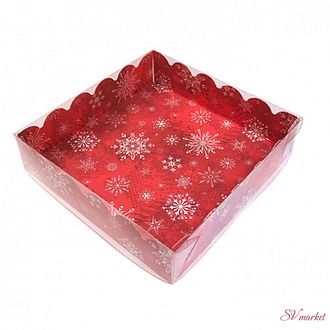 Коробка для пряников с прозрачной крышкой &quot;Снежинки на красном&quot;, 15*15*3 см