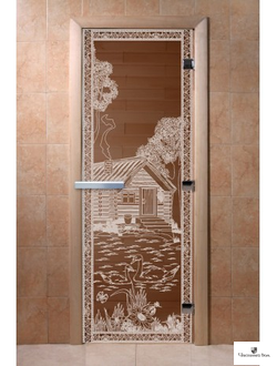 Дверь стеклянная для бани и сауны "Банька в лесу" Бронза  8мм Ольха 1900*700