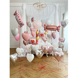 Нежное оформление интерьера спальни розовыми белыми и серебряными гелиевыми шарами сердцами Троицк Н