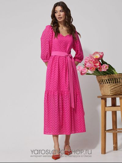 Модель: 3751. Нарядное платье с воланом из хлопка, ткань-шитьё малинового цвета.