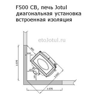 Установка печи Jotul F500 SE BBE диагонально в угол, какие отступы с изоляцией стен