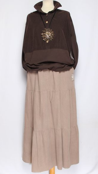 ЮБКА Бохо  "Вельвет ярусы"  бежевая, хаки до р.54