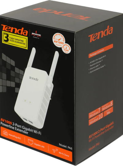 Сетевой адаптер Wi-Fi 2.4ГГц Powerline TENDA PA6 Gigabit Ethernet  AV1000 2-портовый повторитель (1 шт.)