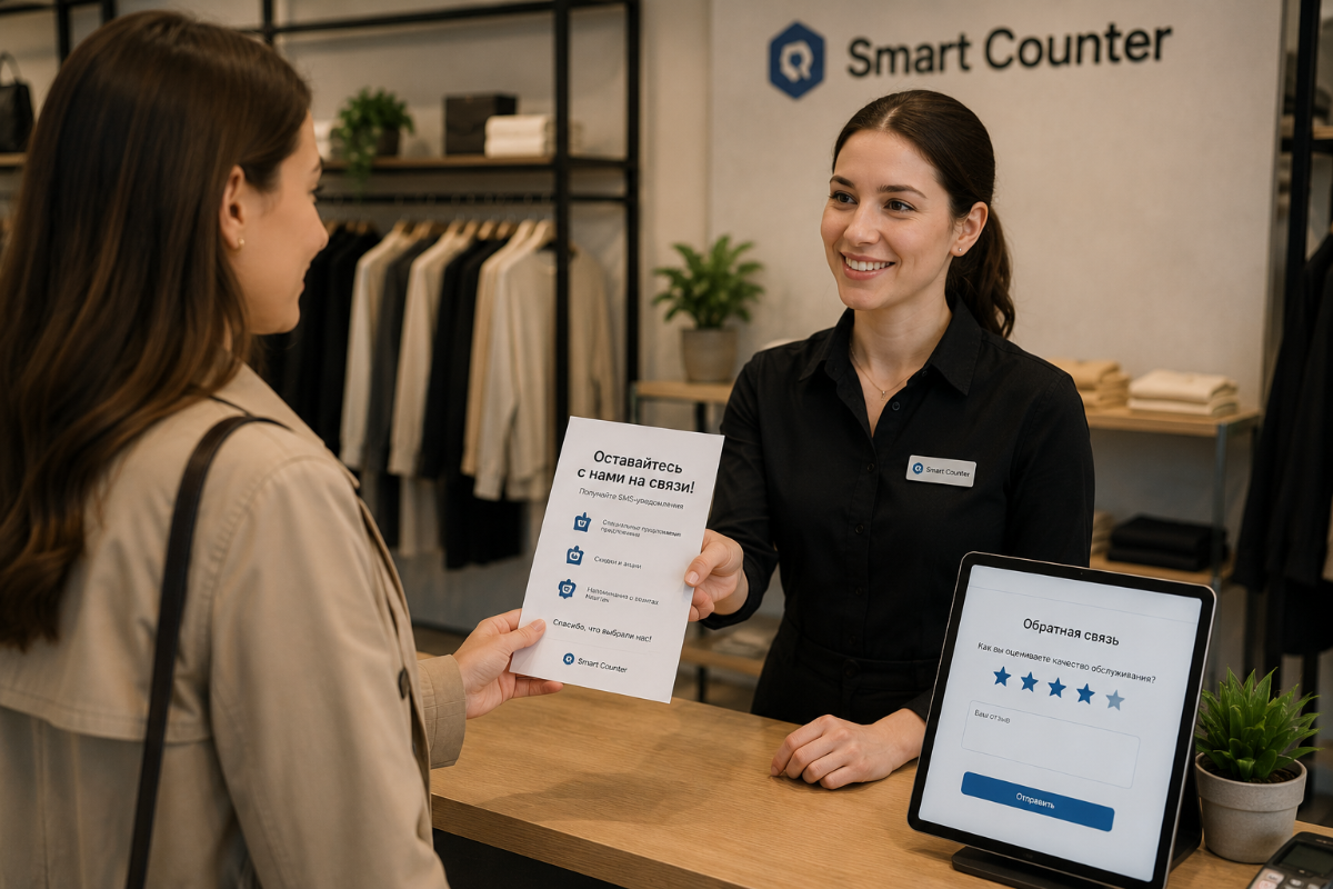 Рука вставляет карту лояльности Smart Counter в кожаный кошелёк на деревянном столе кафе