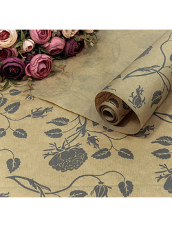 Бумага крафт упаковочная для подарков/цветов (принт "Вьющиеся розы" крафт/серый), 70см*10м