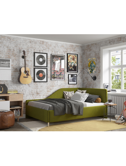 Угловая кровать, тахта, софа, подростковая MyCloud Муза, с подъемным механизмом, бельевым ящиком, боковой спинкой, ножки под робот пылесос