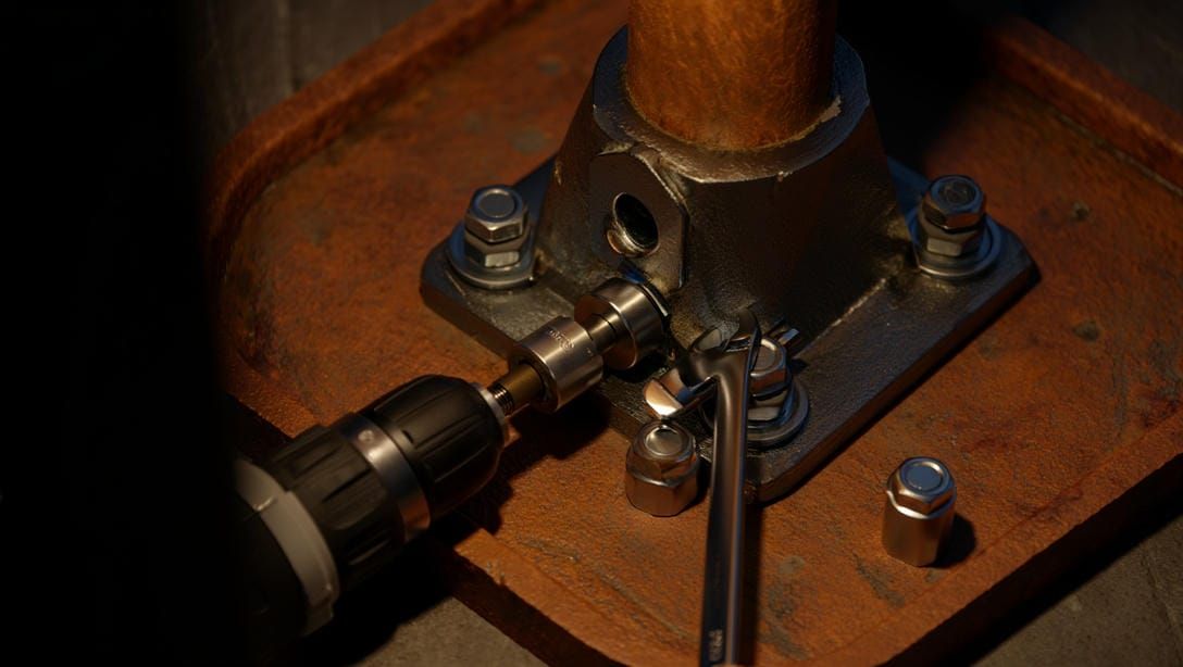 Крупный план анкерного соединения опоры освещения в процессе откручивания гаек.