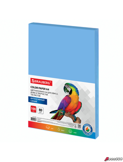 Бумага цветная BRAUBERG, А4, 80 г/м2, 100 л., интенсив, синяя, для офисной техники. 112453