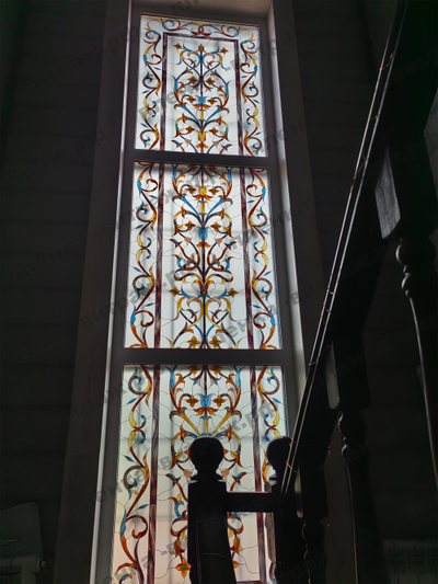 Витражная пленка, витражная пленка самоклеющаяся, пленочный витраж винтажный орнамент