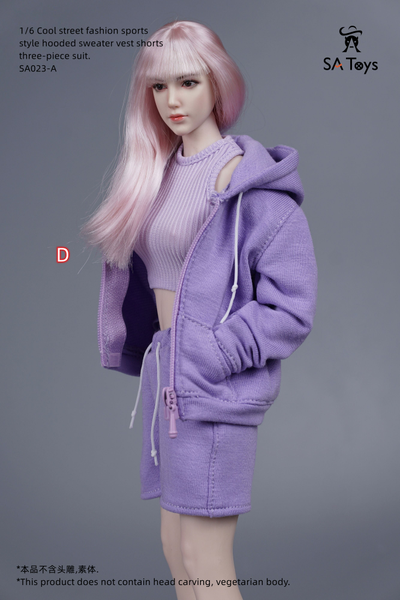 Женский спортивный костюм, набор из 3 предметов (сиреневый) - 1/6 - Cool street fashion sports style hooded sweater vest shorts three-piece suit  (SA023D) - SA Toys