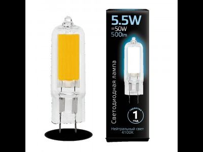 Лампа светодиодная Gauss G4 220V 5.5W(500lm) 4100K 4K 58х16 стекло 107807205
