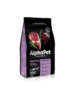 AlphaPet (АльфаПет) Superpremium сухой корм для взрослых собак средних пород с чувствительным пищеварением с бараниной и потрошками, 12 кг