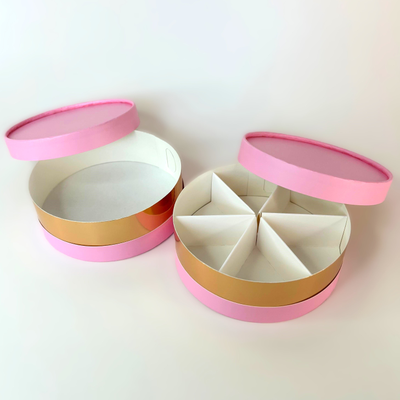 Коробка круглая для ассорти сладостей с лож. (розовая/золото), 120*45мм