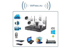 Комплект уличного WiFi/LAN  видеонаблюдения, NVR и 4 беспроводные видеокамеры (2 стационарные и 2 поворотные), Full HD (поддержка HDD до 6 Тб)