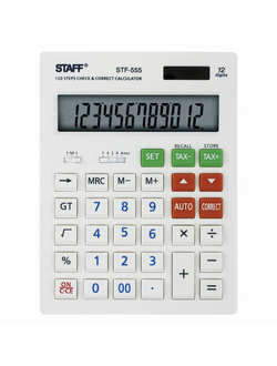 Калькулятор настольный STAFF STF-555-WHITE (205х154 мм), CORRECT, TAX, 12 разрядов, двойное питание, 250305