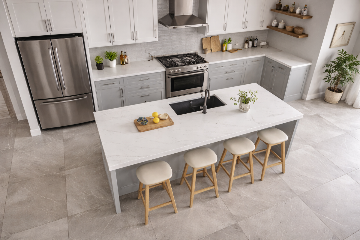 Кухня с керамогранитом в крупном формате, вид сверху