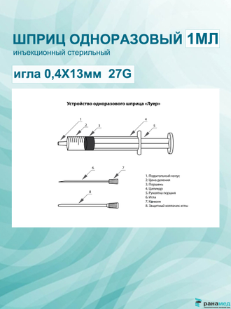 Шприц инсулиновый 1 мл с иглой 27G 0.4х13мм 3PC трехкомпонентный, TIAN YU, Китай