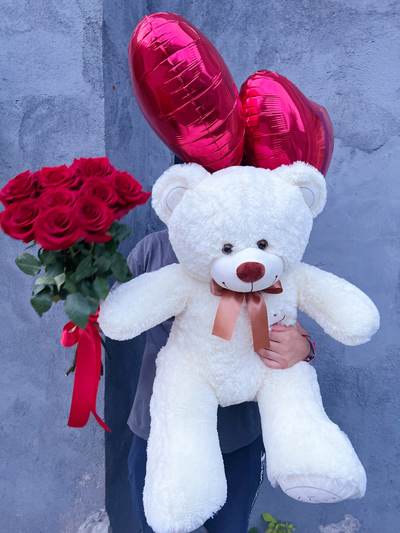 Подарочный набор №15 - Плюшевый мишка 120 см, Шары сердца 2, букет красных роз Эквадор