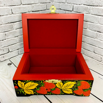 Деревянная шкатулка сундучок Птица с клубникой 120*80 мм для украшений с росписью Хохлома