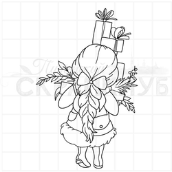 Штамп девочка в дубленке с подарками в руках