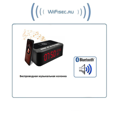 IP видеоняня WiFi (информатор времени + температуры в помещении, охранная видеокамера, беспроводная зарядка, стерео колонка Bluetooth) с DVR, Full HD 2 Mp