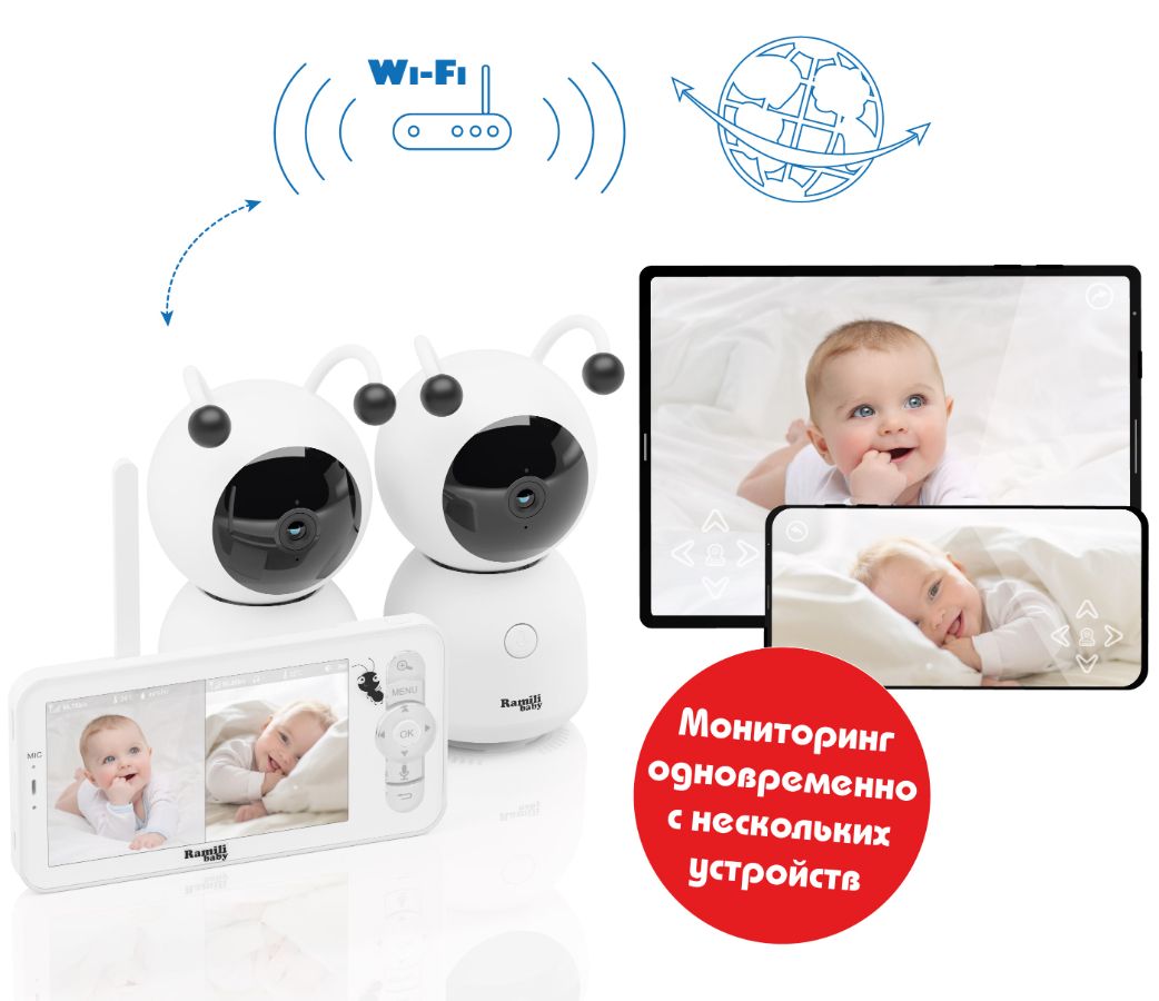 Видеоняня Ramili Baby RV100x2, монитор и 2 поворотнst видеокамерs, двухрежимная видеоняня, с DVR. HD