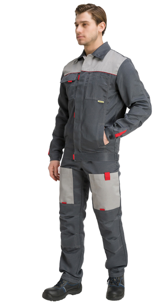 Костюм ФАВОРИТ-2, куртка + п/к, тк. 20%ХБ + 80%ПЭ, ВО, пл. 210 г/м2, цв. т.серый/св. серый/красный