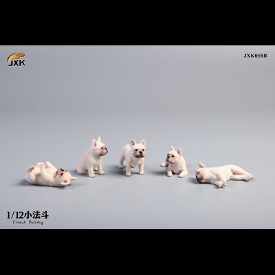 Французские бульдоги, набор из 5 фигурок (белые) - Коллекционная ФИГУРКА 1/12 scale Miniature French bulldog (JXK058B) - JXK