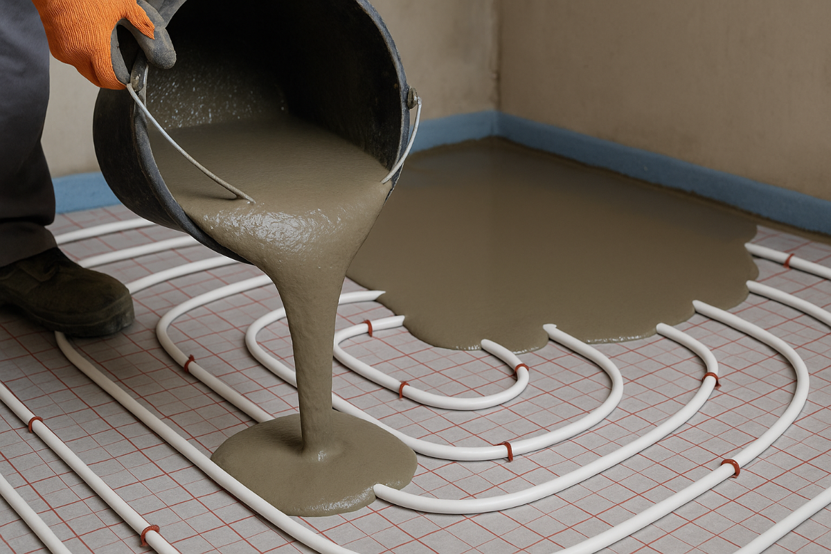заливка раствора М150 на тёплый водяной пол